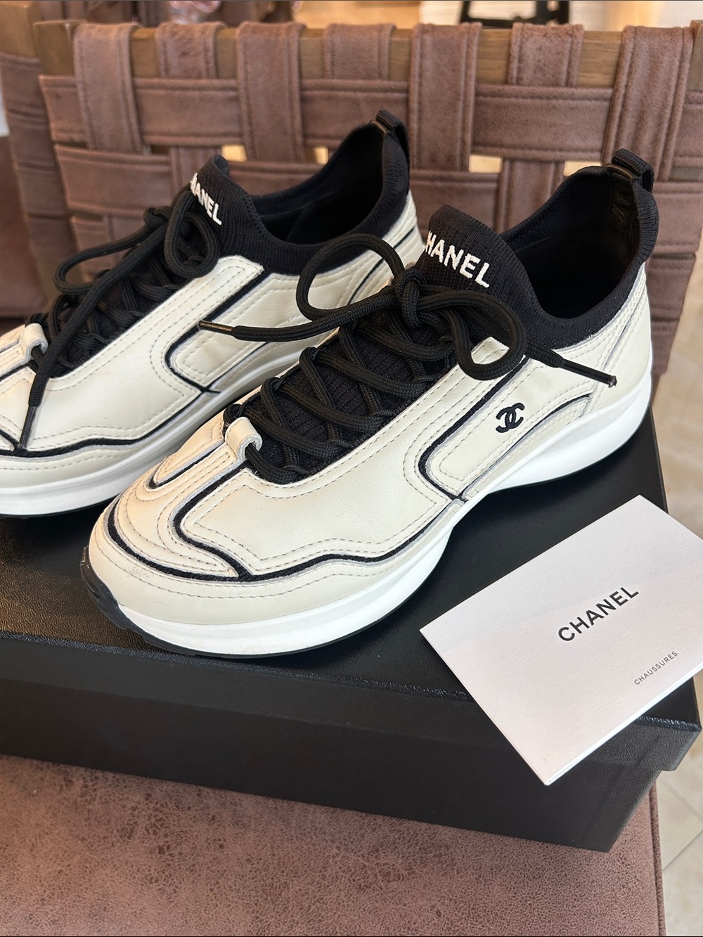 CHANEL Black & White Ivory Leather Lace-Up Sneakers Sport
